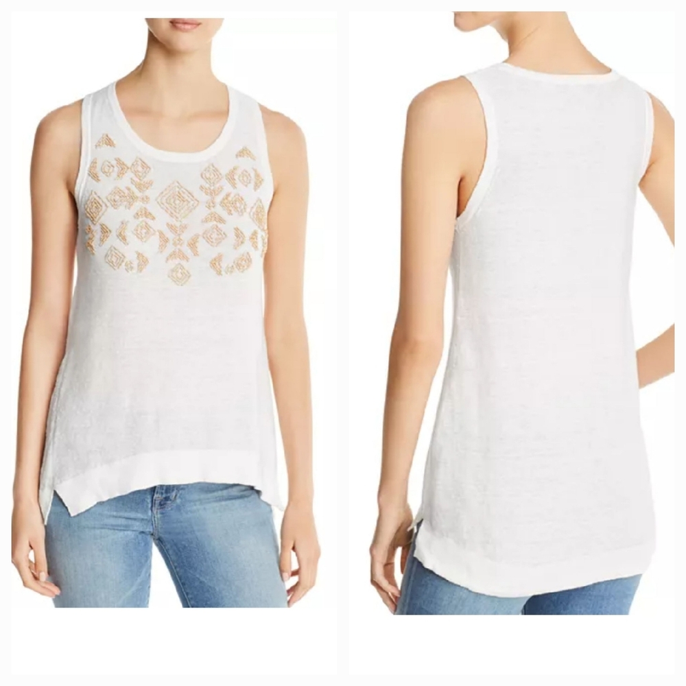 DONNA KARAN NY White Linen Beaded Tank Top in Size M